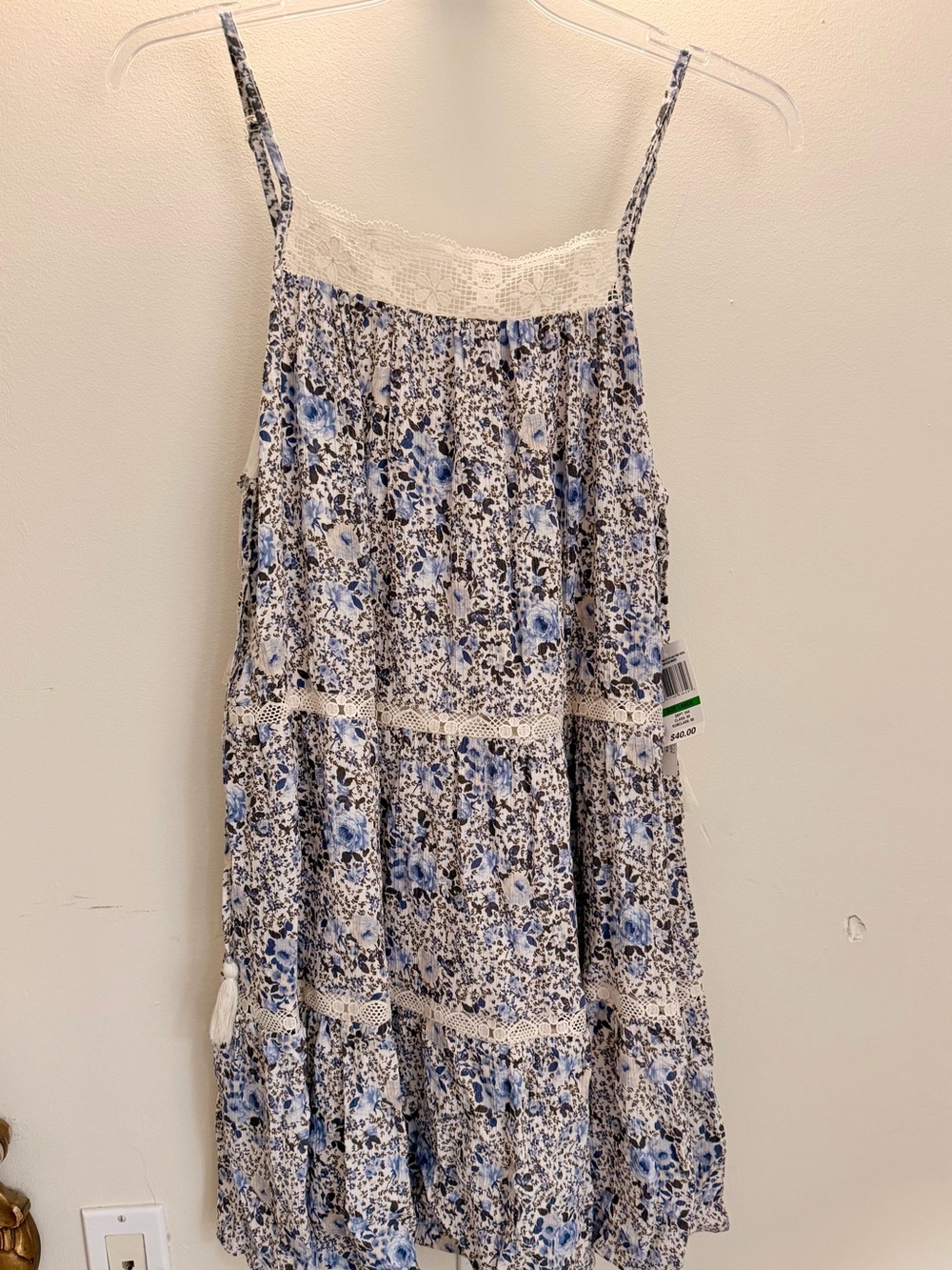 Wallflower Blue & White Floral Lace-Trim Tiered Dress NWT